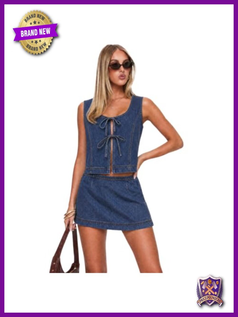 Denim Two Piece Skirt Set Tie Vest Top Mini Jean Set Going Out Concert